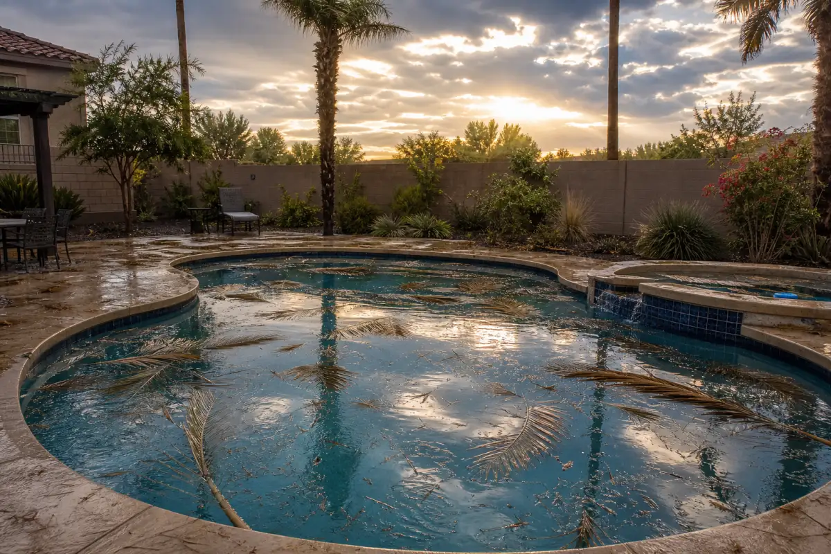 Palm fronds in pool after storm