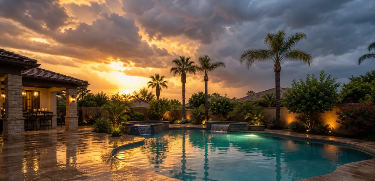 Storm clearing over a clean pool at dusk
