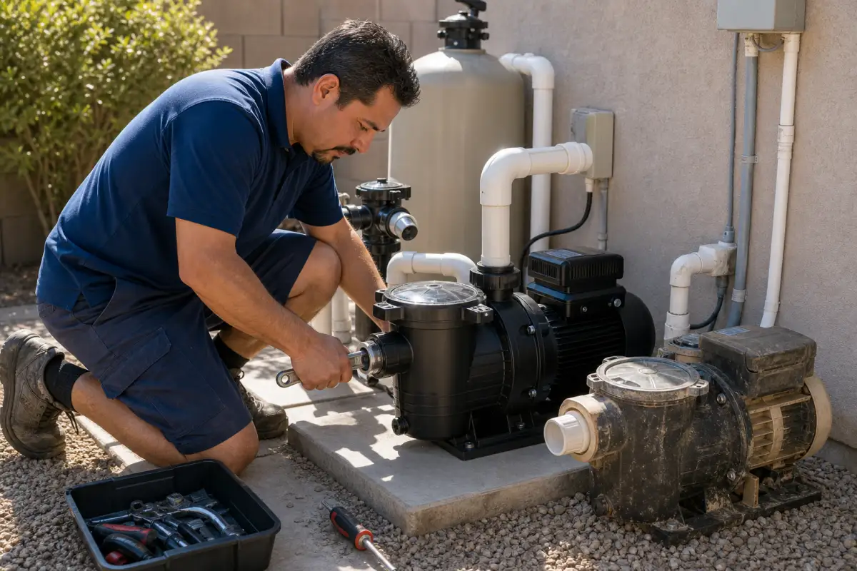 Technician replacing a pool pump motor