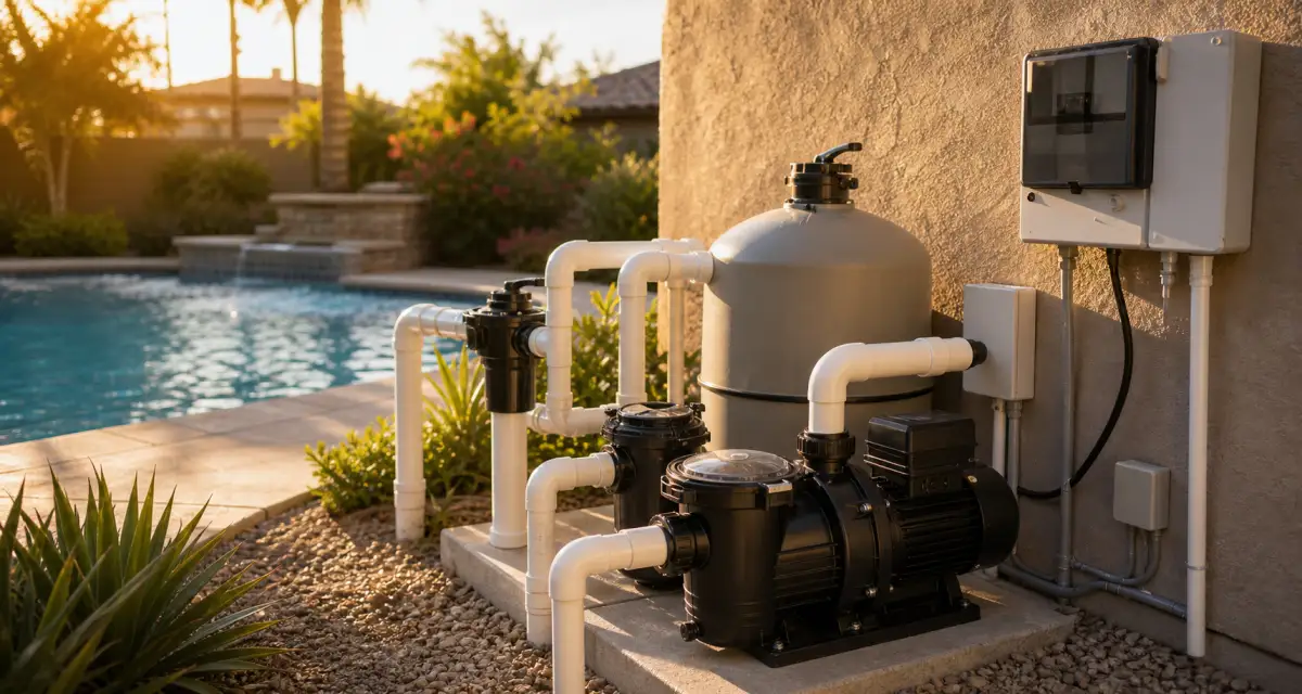 Clean modern pool equipment pad at golden hour