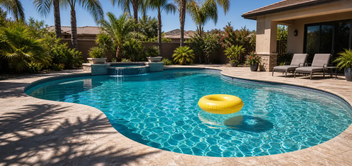 Inviting pool with floatie on a sunny day