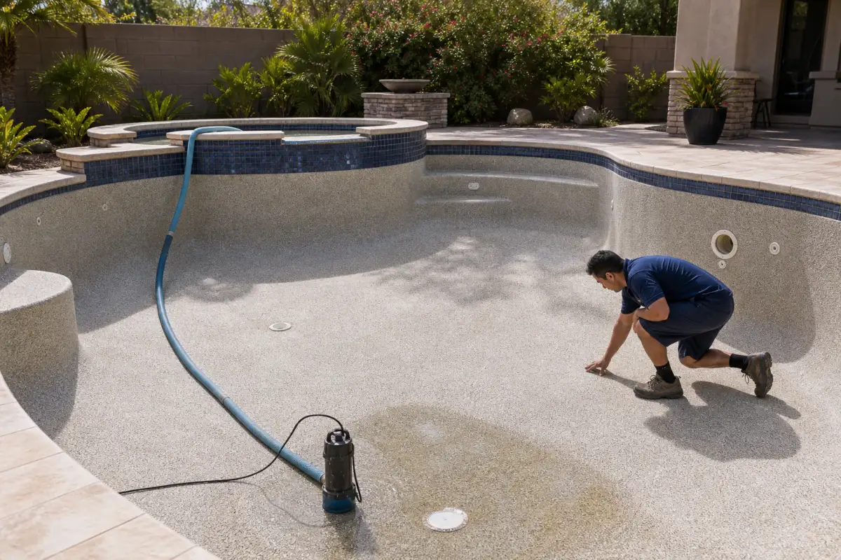 Pool drained for refill with discharge hose
