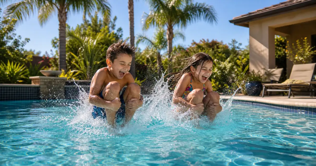 Crystal clear pool with kids jumping in