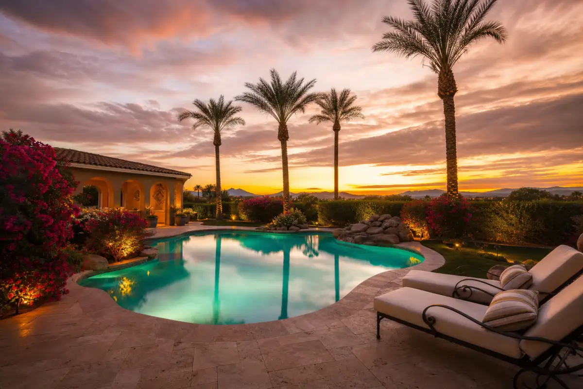 Luxury backyard pool at dusk with palm trees
