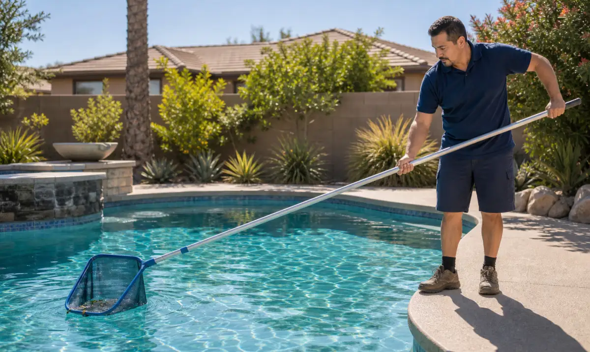 Technician skimming a sparkling pool