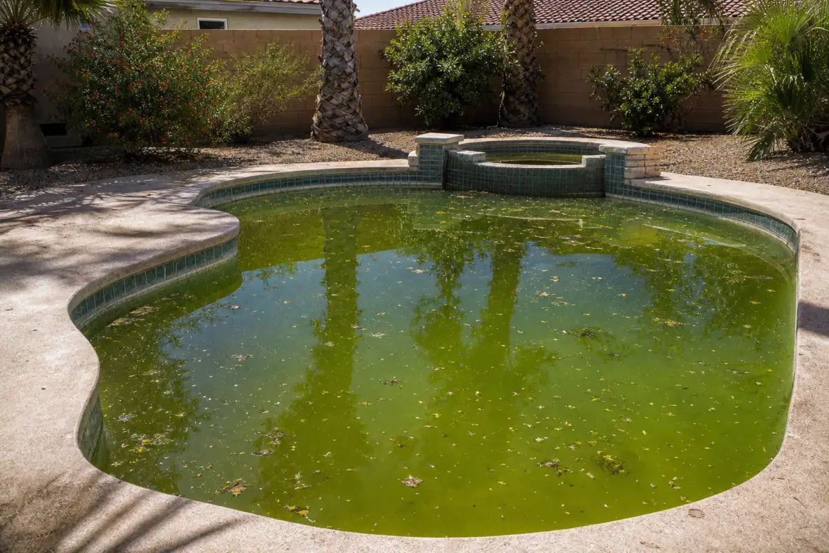 Green algae-filled pool before treatment