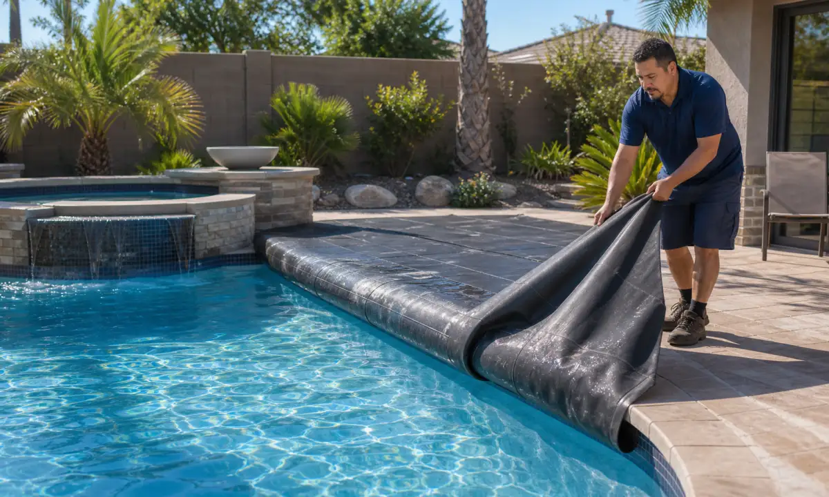 Technician removing a pool winter cover in spring
