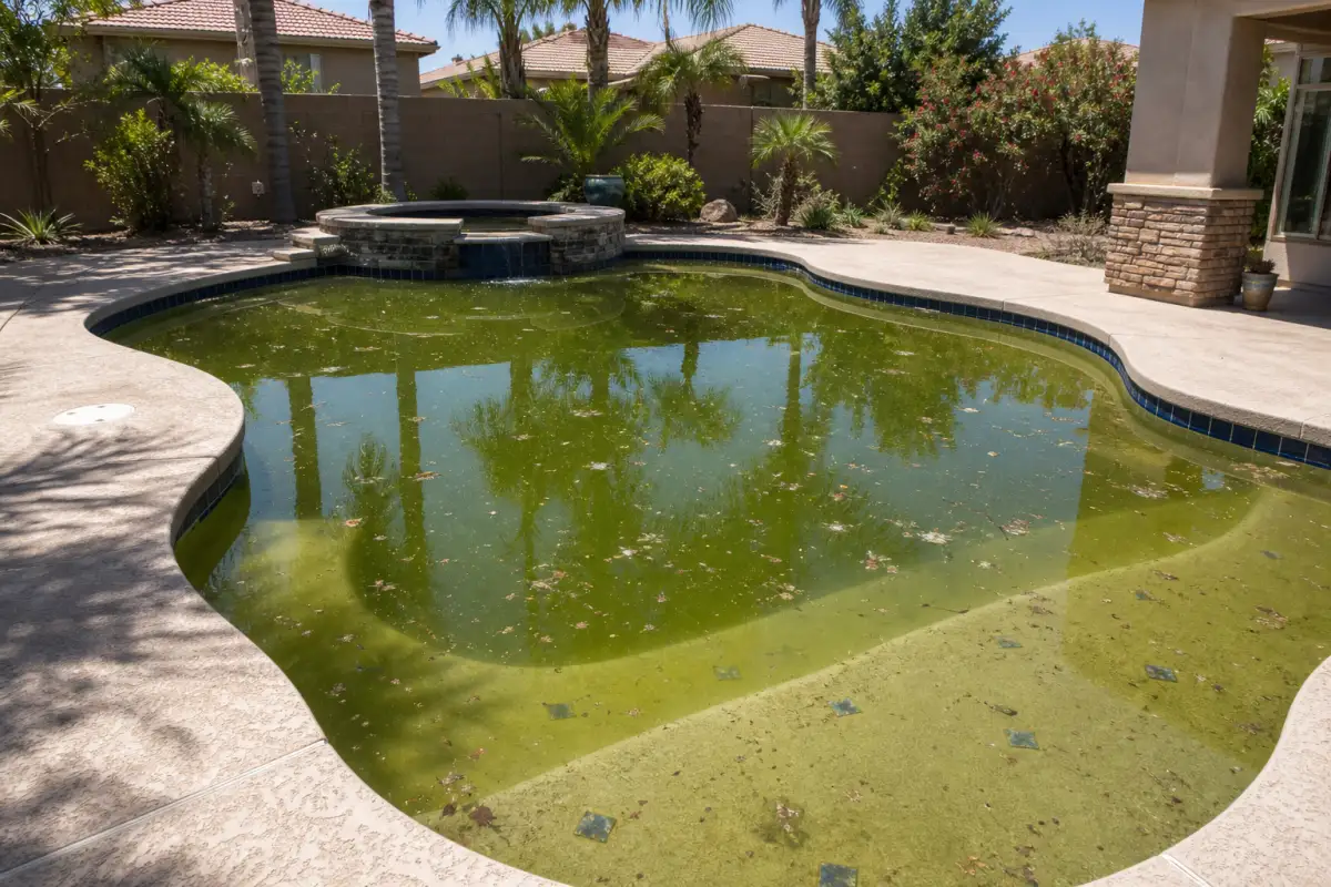 Before: green algae-filled pool