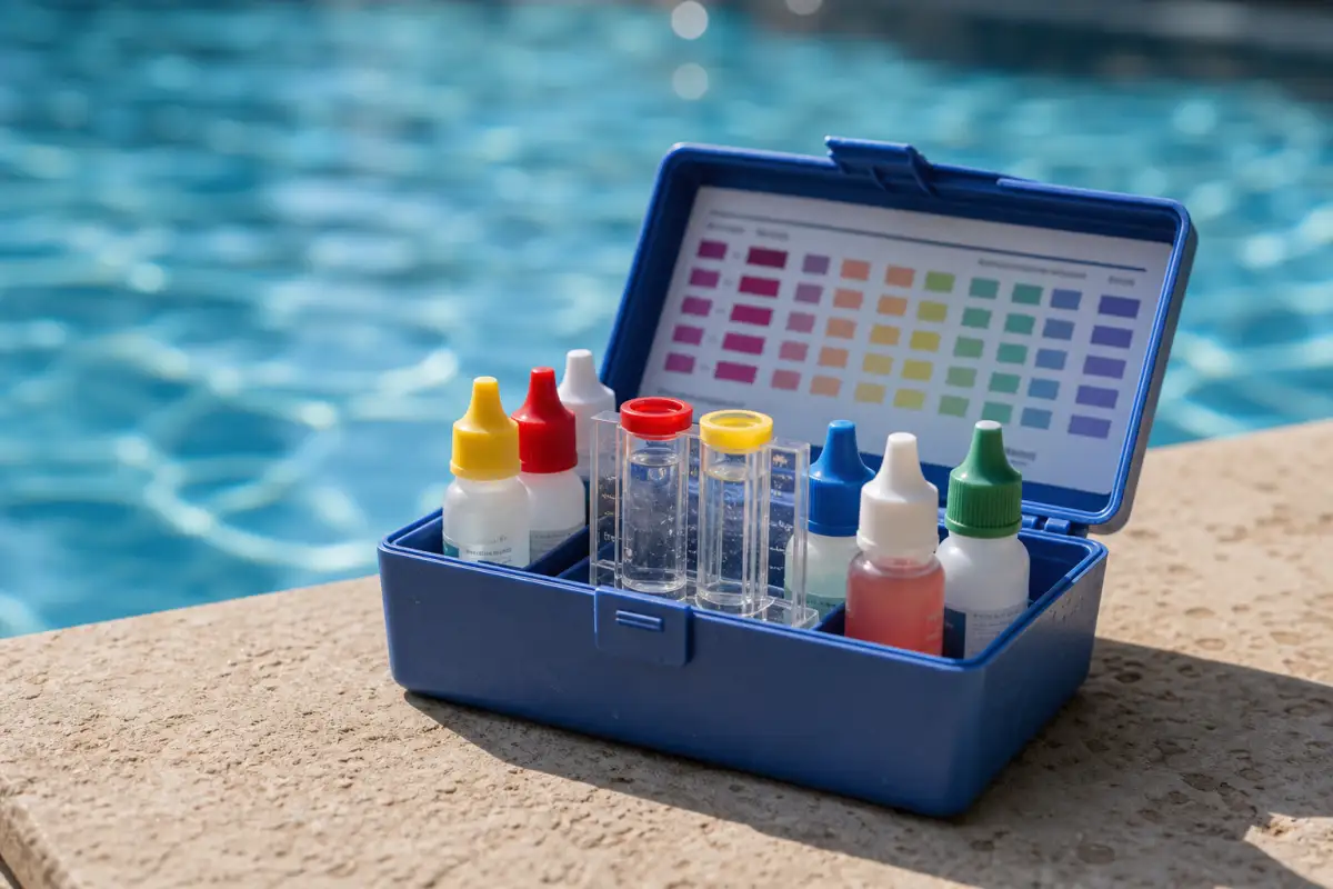 Pool water test kit on the deck
