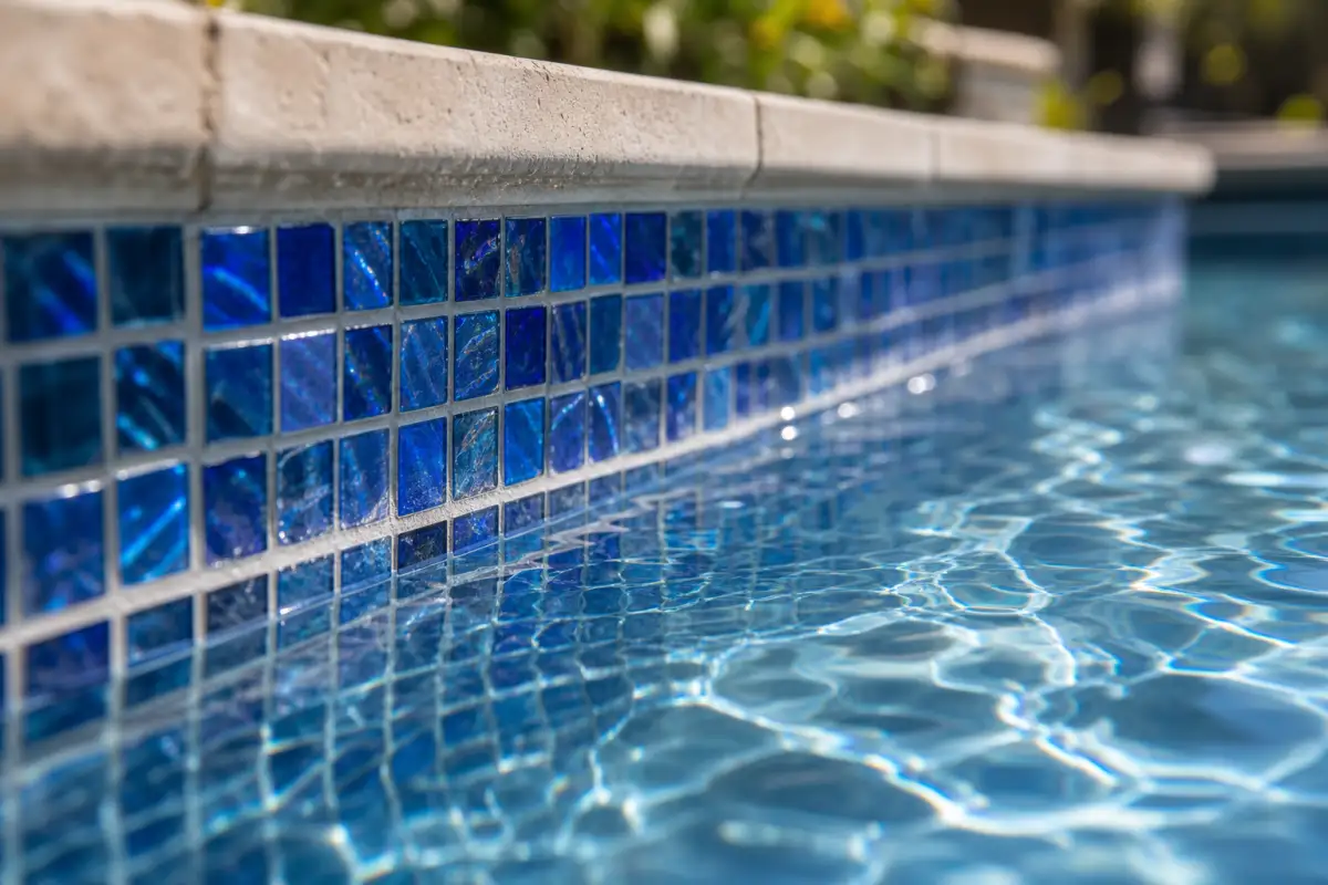 Close-up of clean blue mosaic pool tile