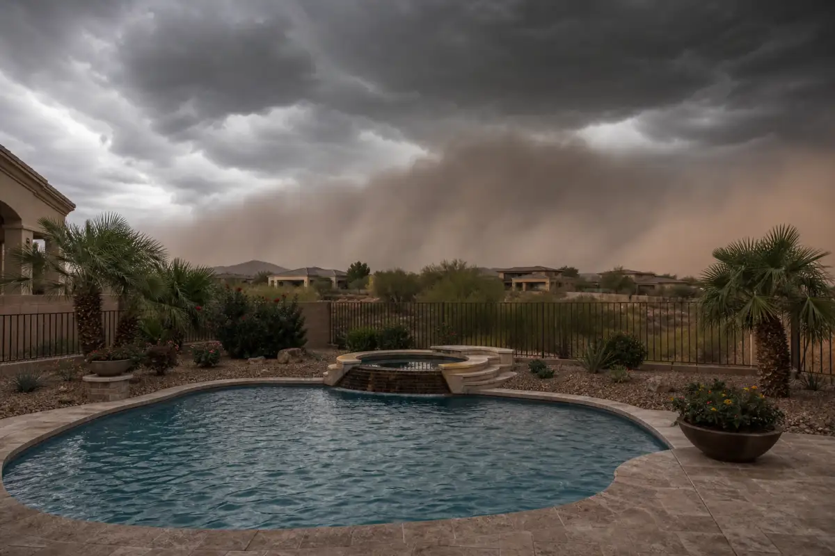 Storm clouds over a backyard pool