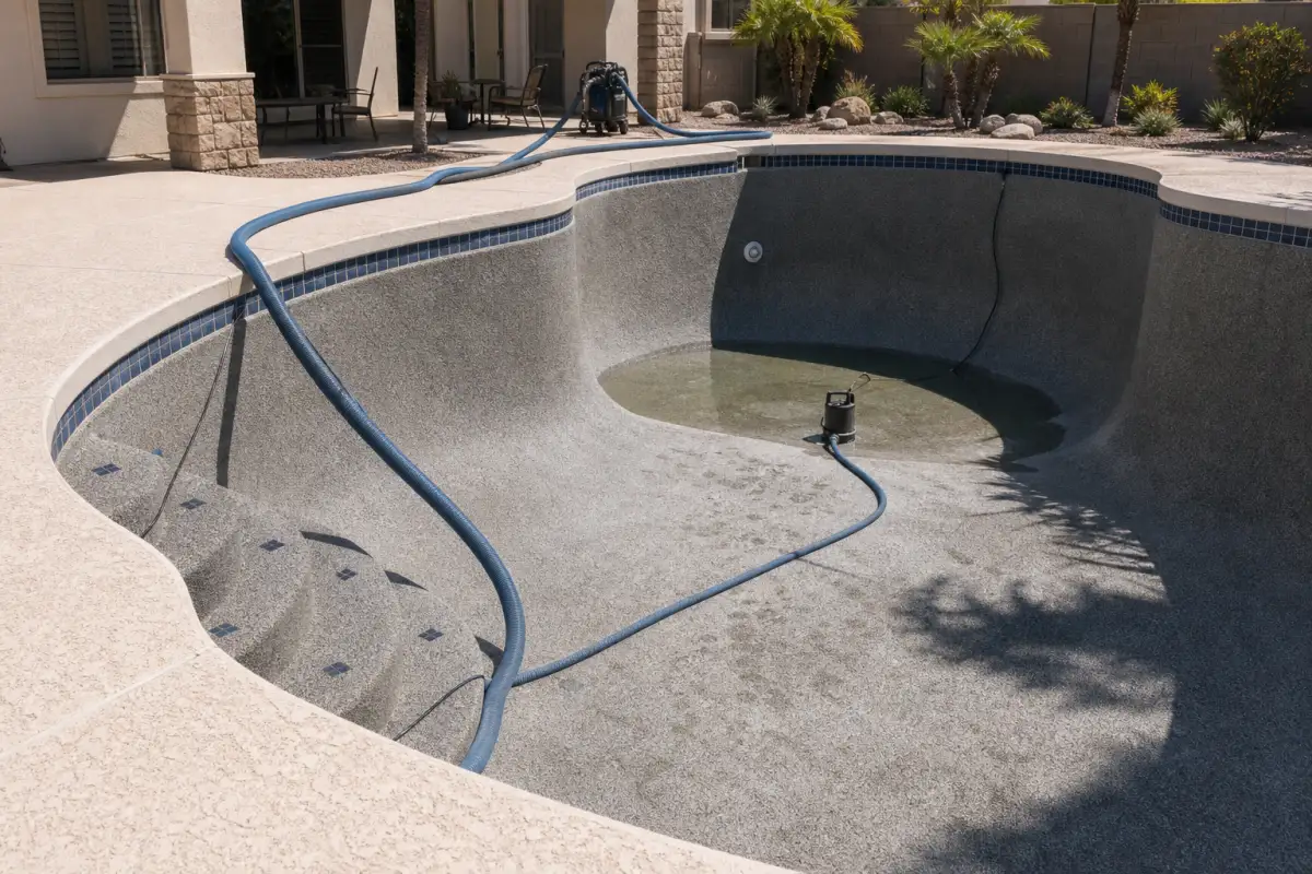 Pool being drained with a hose