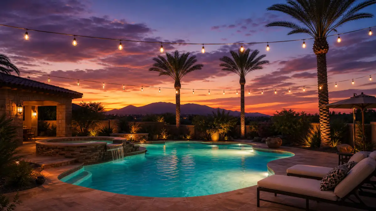 Resort-style pool at twilight with string lights