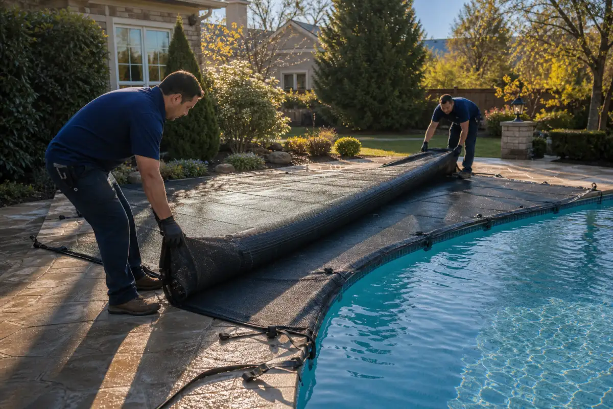 Technicians opening a covered pool in spring