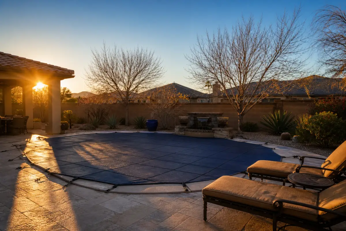 Covered pool in a quiet winter backyard