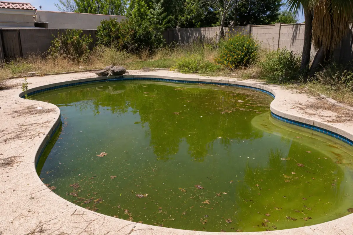 Before: the Gilbert pool as found, opaque green