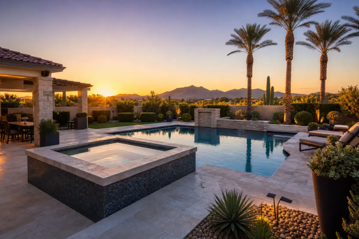Upscale weekly-service pool at golden hour
