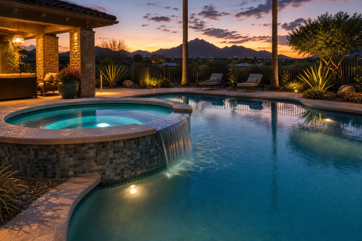 Spa and pool combo sparkling at dusk