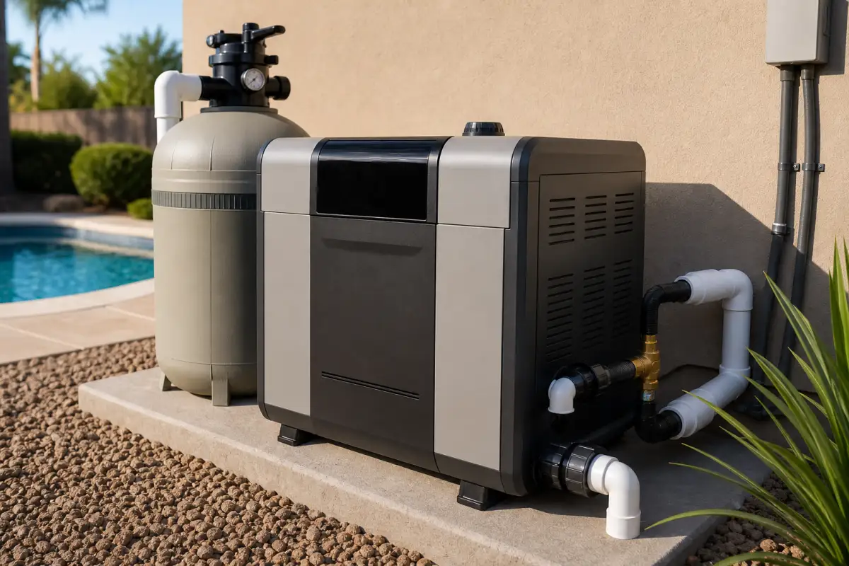 New pool heater installed beside filter