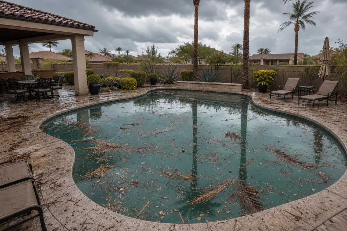 Before: pool full of monsoon debris