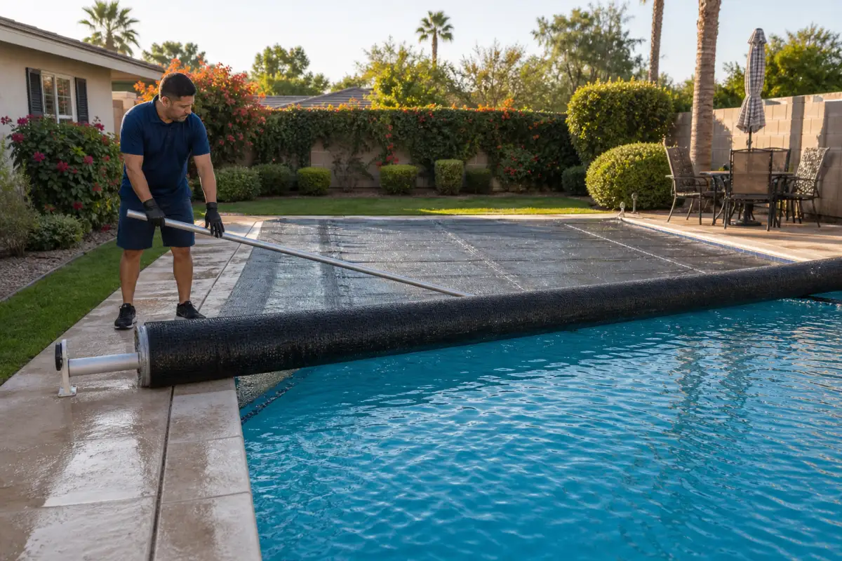 Pool opening day, cover coming off