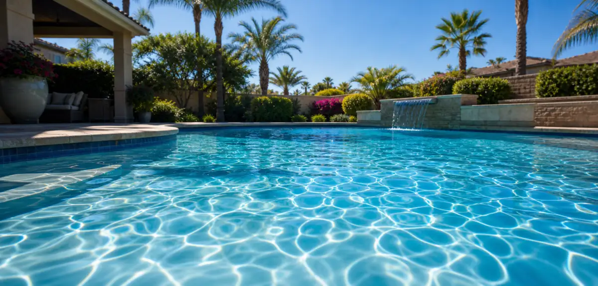 Sun sparkling across a freshly serviced pool