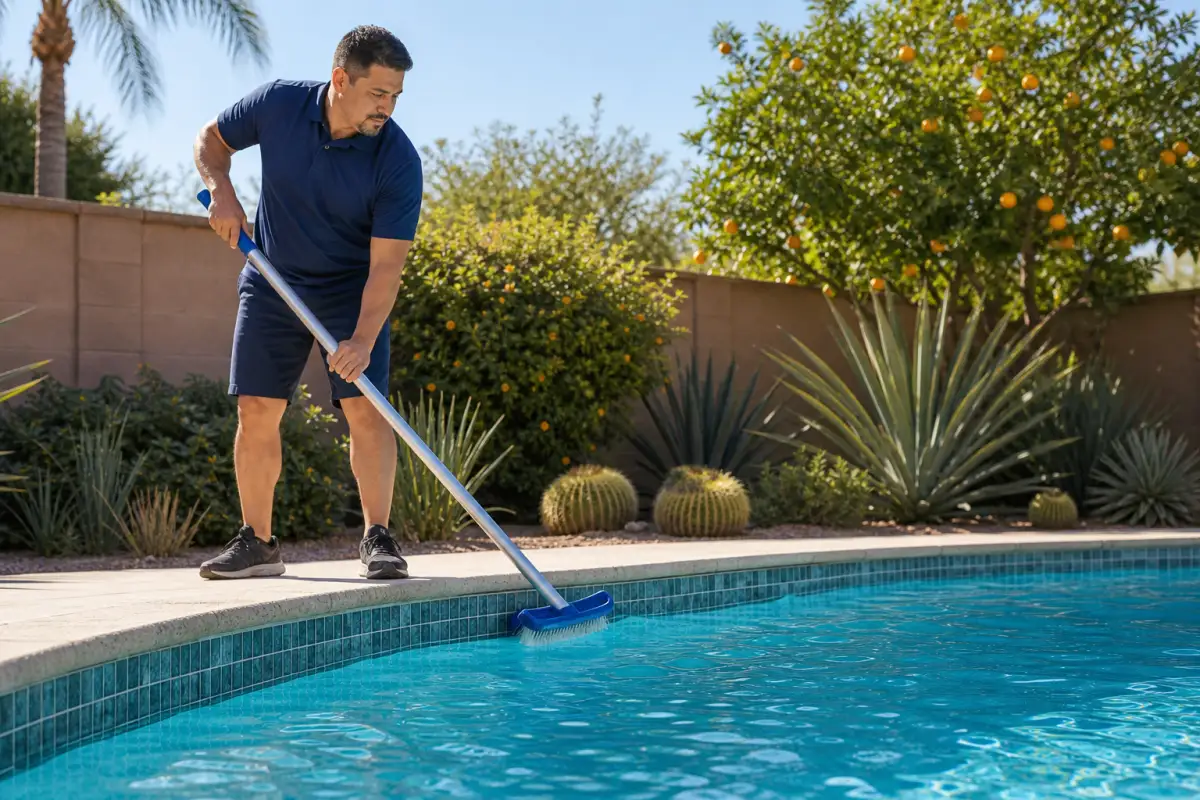 Technician brushing pool walls on a weekly visit