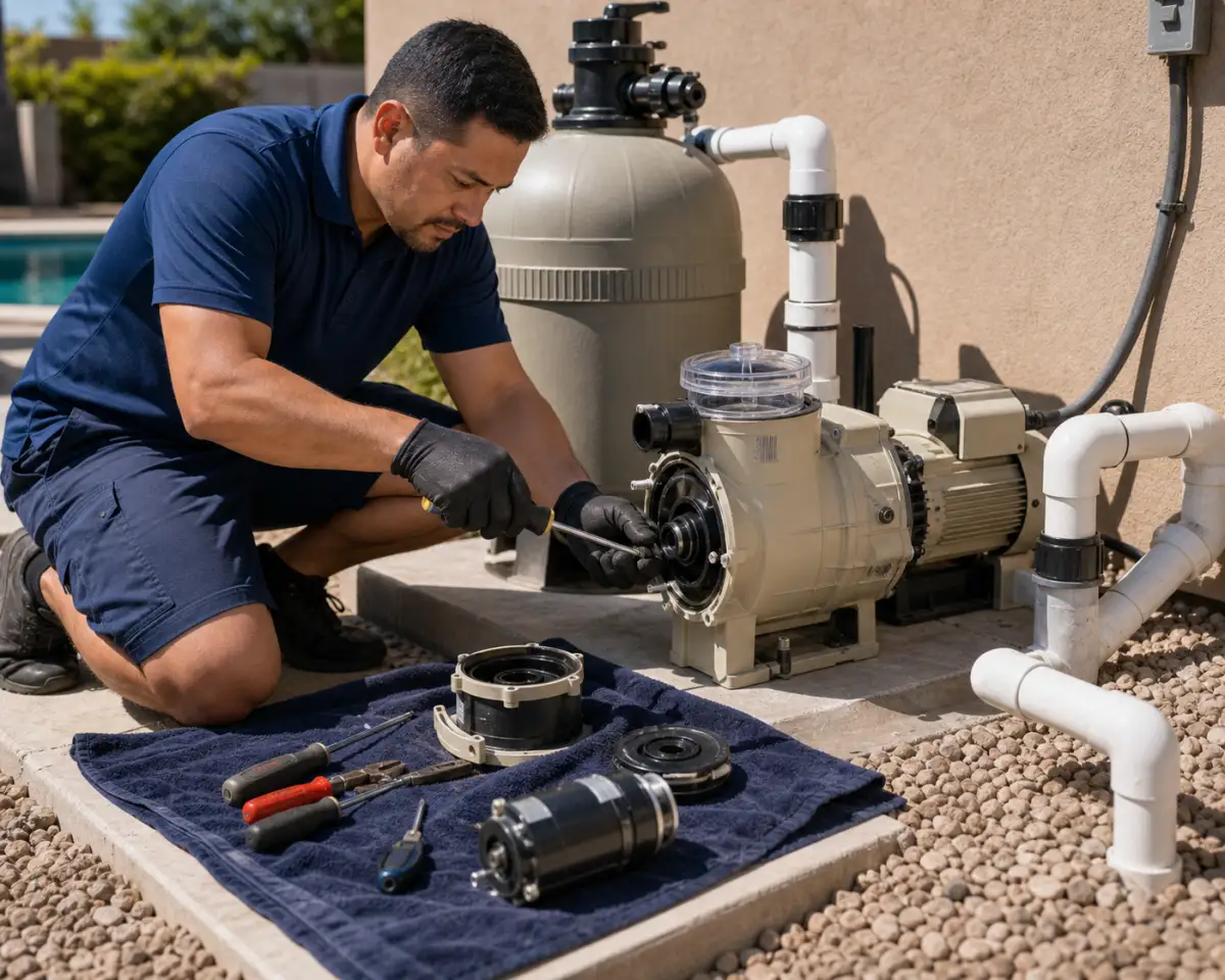 Technician repairing a pool pump