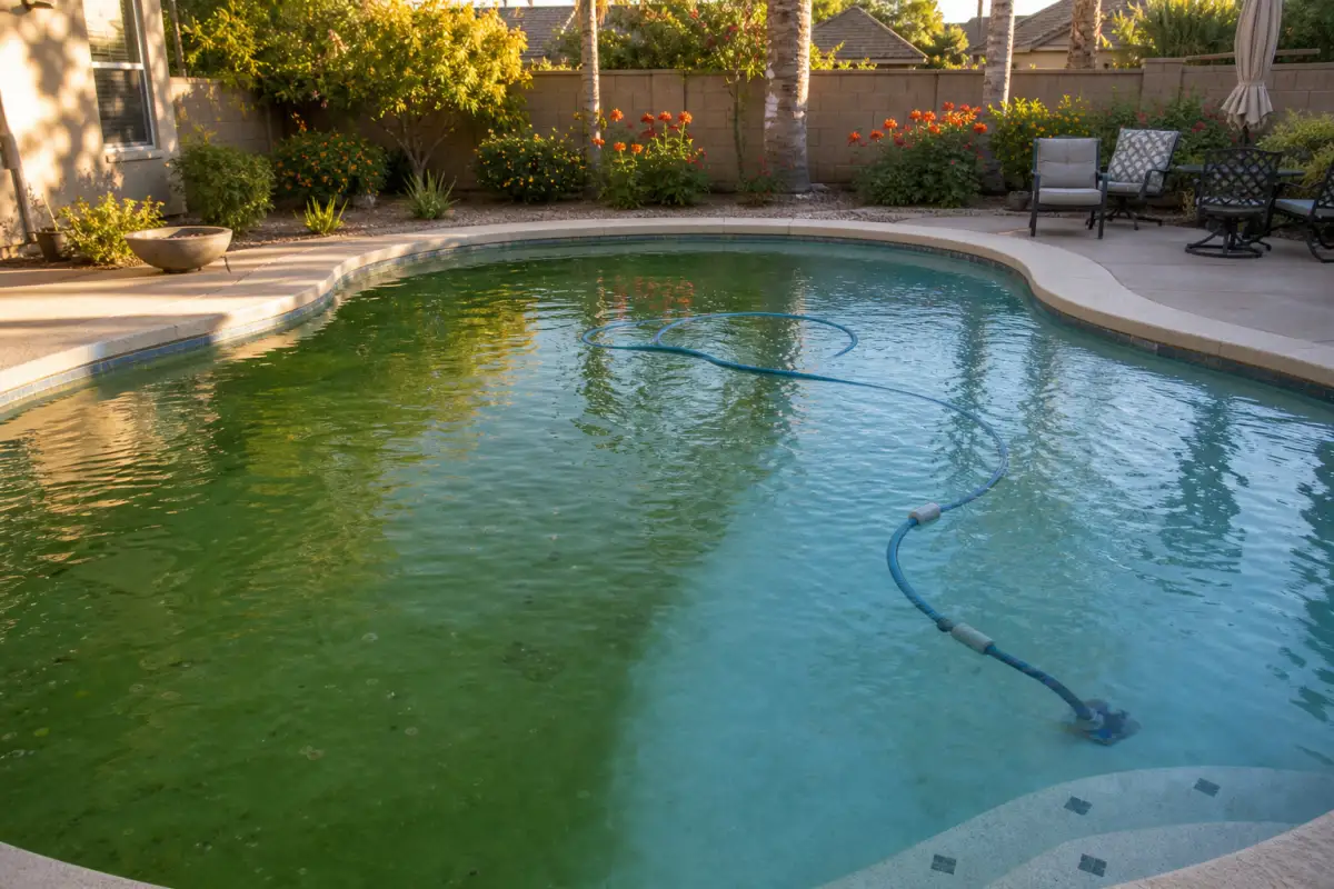 Green pool mid-recovery, half clear