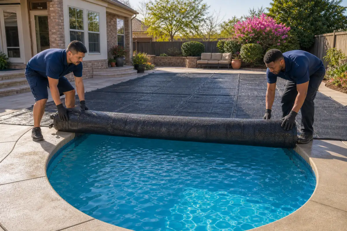 Pool cover being rolled back for the season