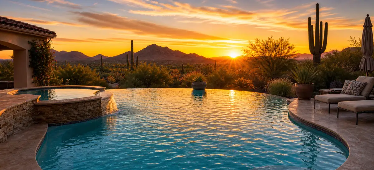 Sparkling pool with mountain views at sunset