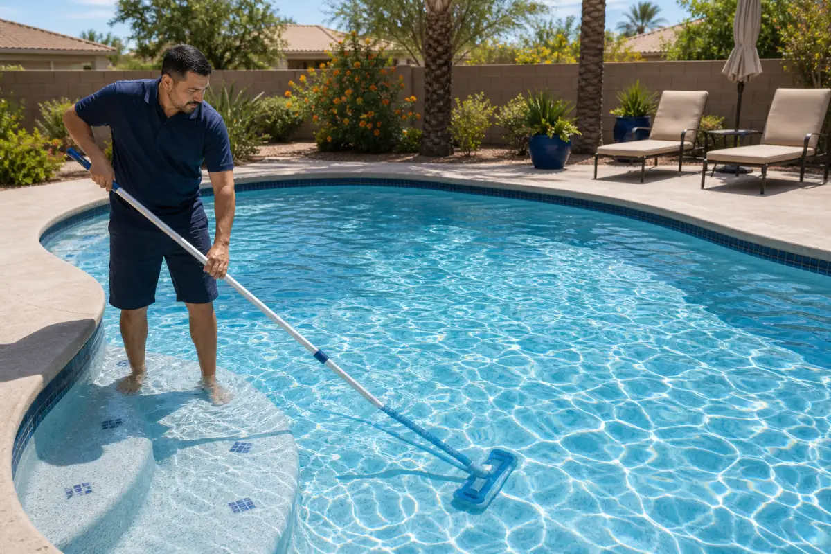 Technician vacuuming a clear blue pool