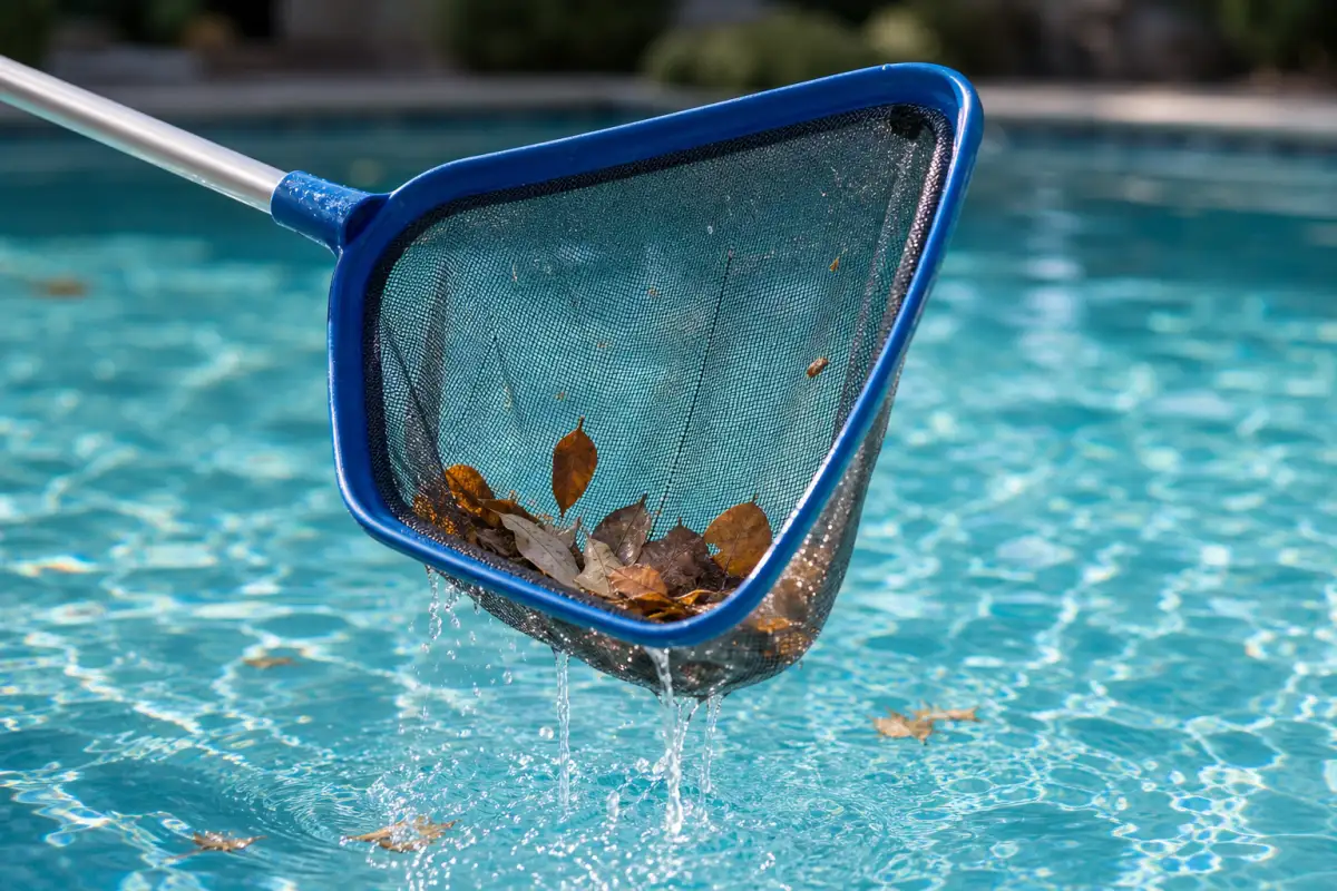 Skimming leaves from pool surface