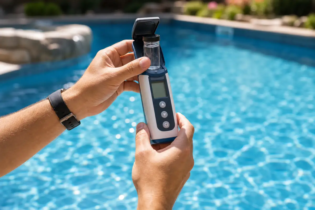 Digital water tester held over pool