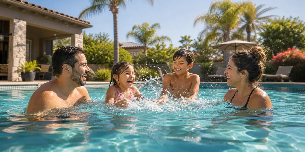 Family enjoying a sparkling clean backyard pool