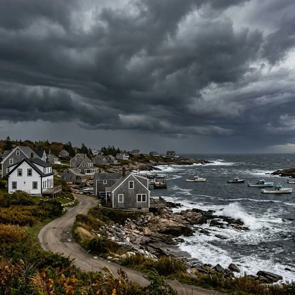 Storm clouds over coastal homes