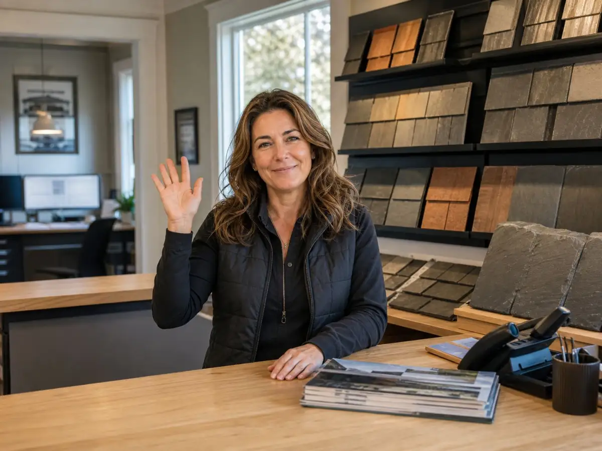 Office with material samples and a friendly wave