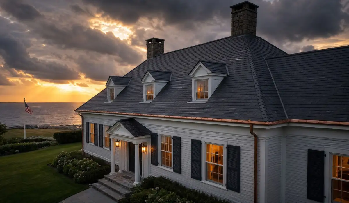 Dusk aerial of a slate roof with copper gutters
