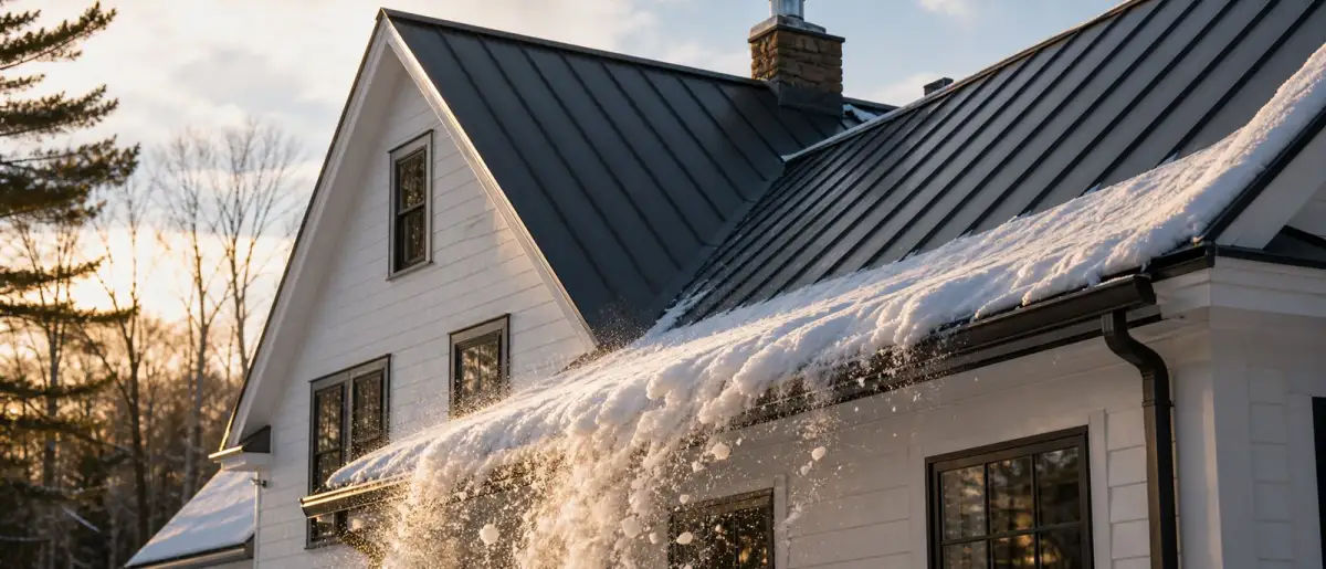 Standing seam metal roof shedding snow