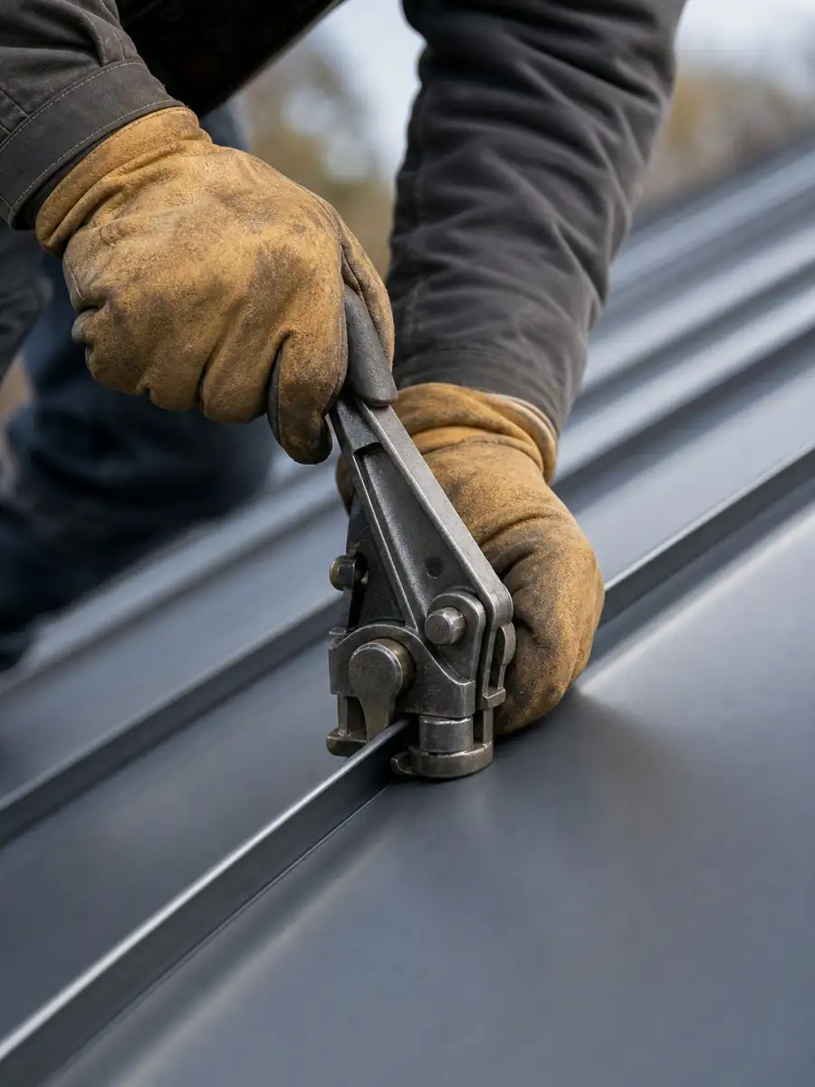 Hand-seaming a metal roof panel