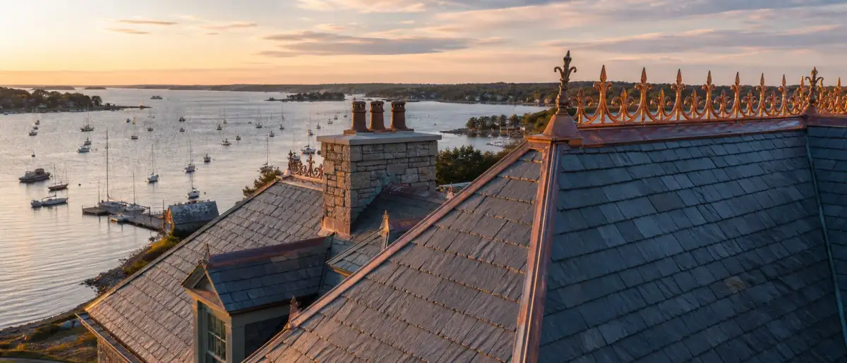 The finished Harborview slate roof at golden hour