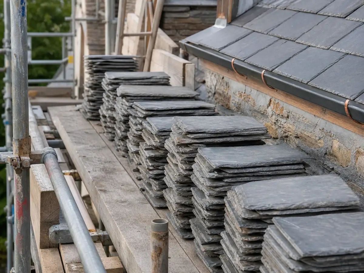 Salvaged slates sorted on staging