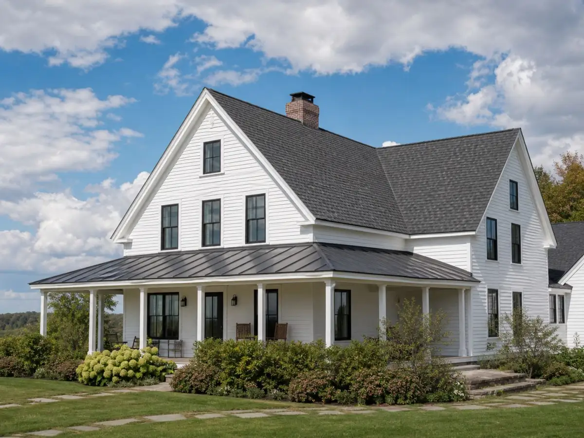 Farmhouse with shingle roof and metal porch