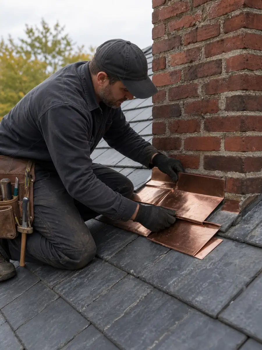 Craftsman repairing chimney flashing