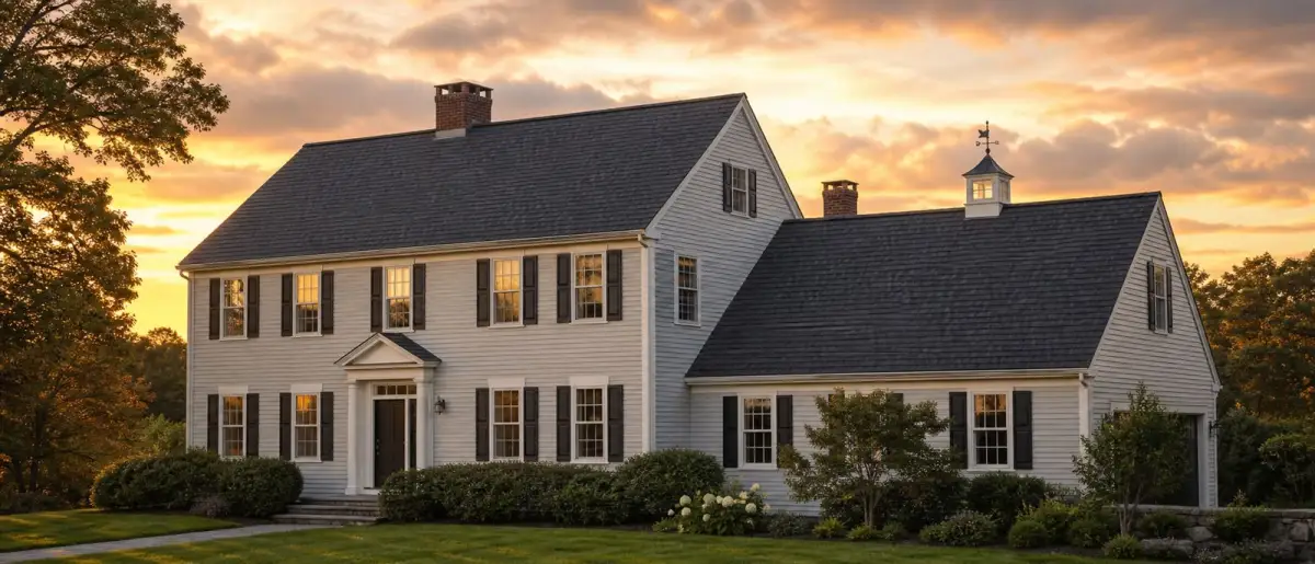 Completed roof replacement at golden hour
