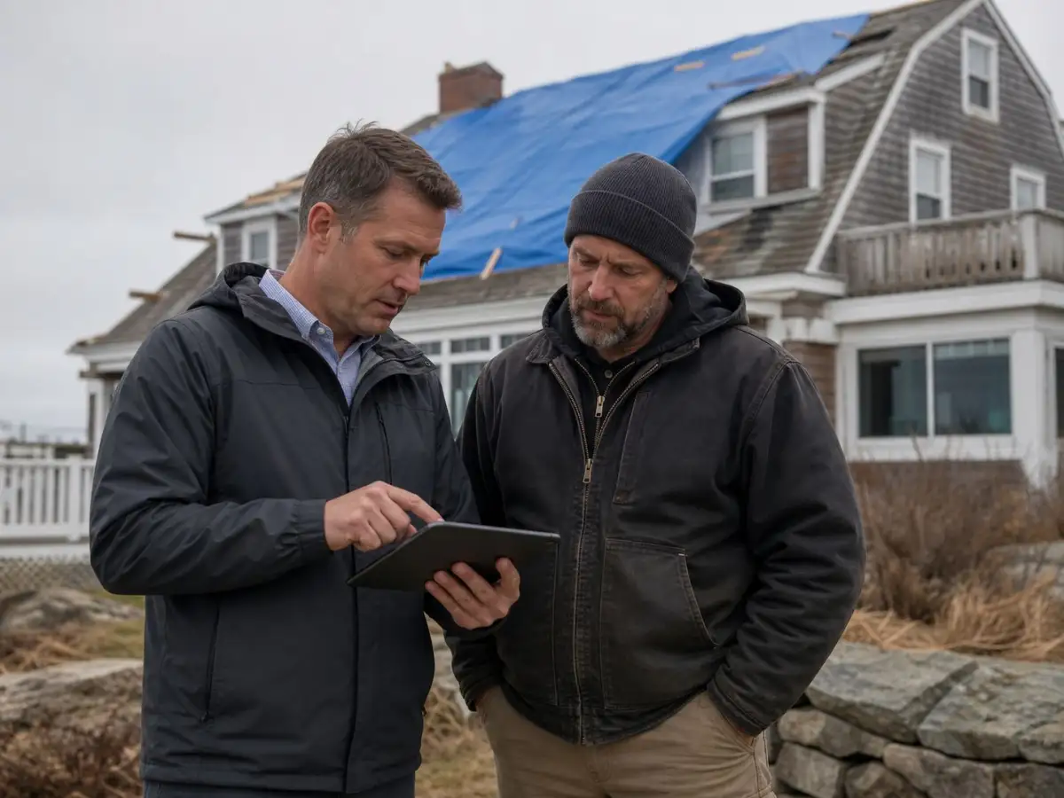 Adjuster and foreman reviewing roof damage
