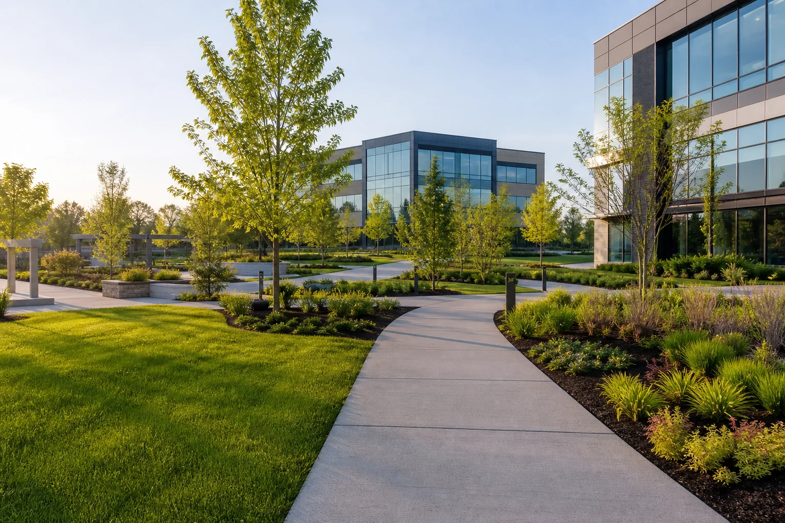 Maintained commercial landscape with planting beds and walkways