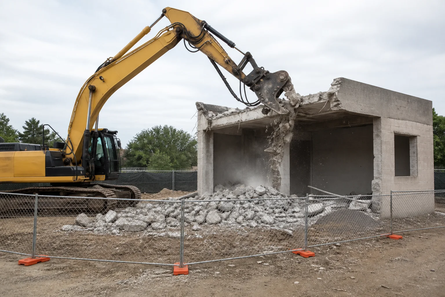 Excavator performing controlled demolition at a commercial worksite