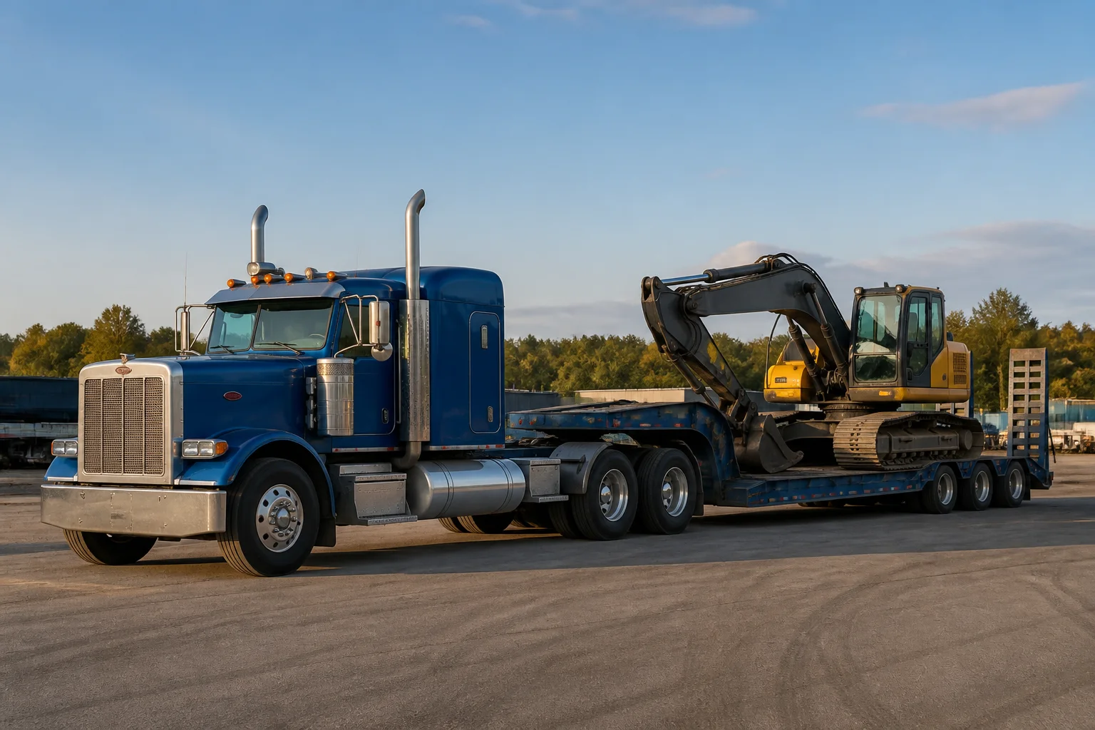 Blue heavy-haul truck transporting an excavator