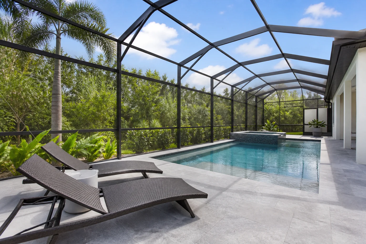 Screened pool enclosure surrounding a contemporary patio